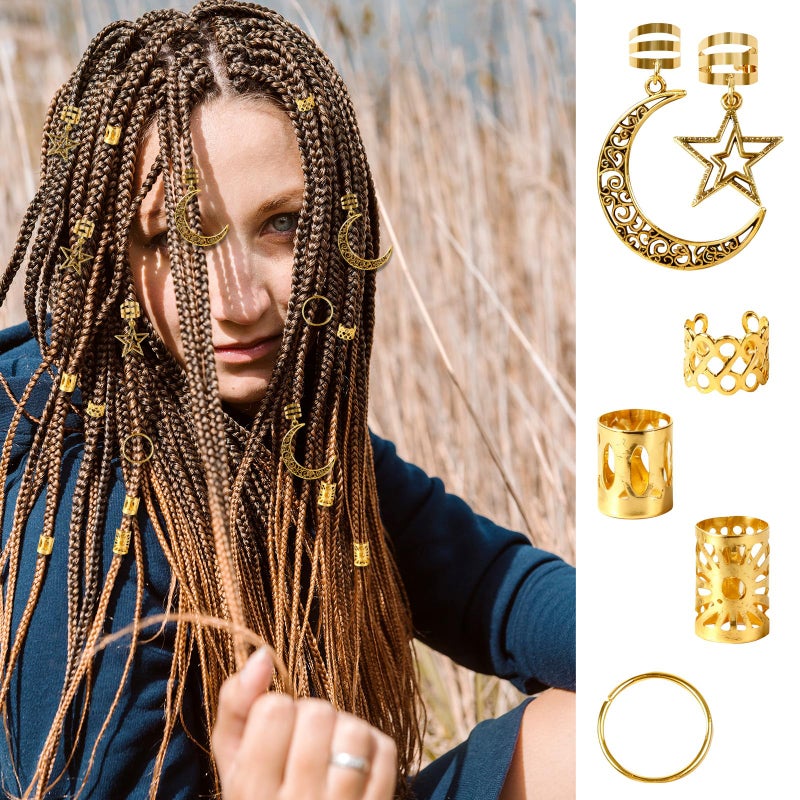 CYUXING 60Pcs Gold Hair Cuffs and Beads Set, Gold Hair Jewelry with Star Moon Charms for Braids, Alloy Clips for Women, Party & Photoshoot Baroque Accessories - Image 3